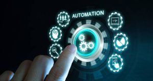 Home Automaion Automation Software Technology Process System Business concept. Hand touching automation button inscription